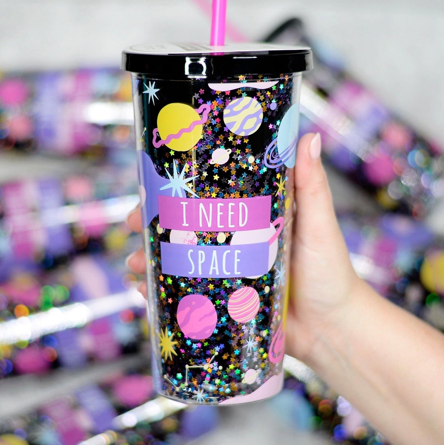 Glitter Tumbler With Straw - I Need Space