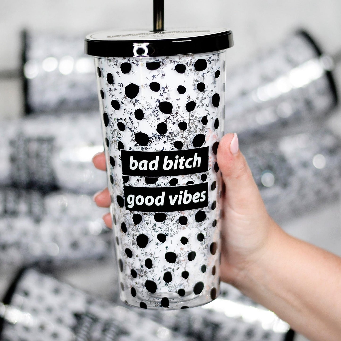 Glitter Tumbler With Straw - Good Vibes