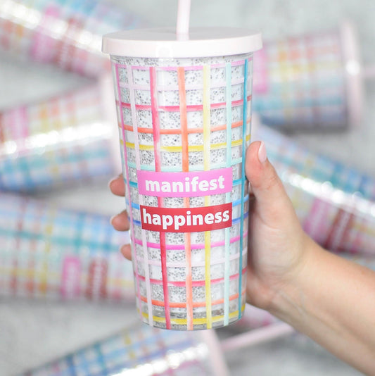 Glitter Tumbler With Straw - Manifest Happiness